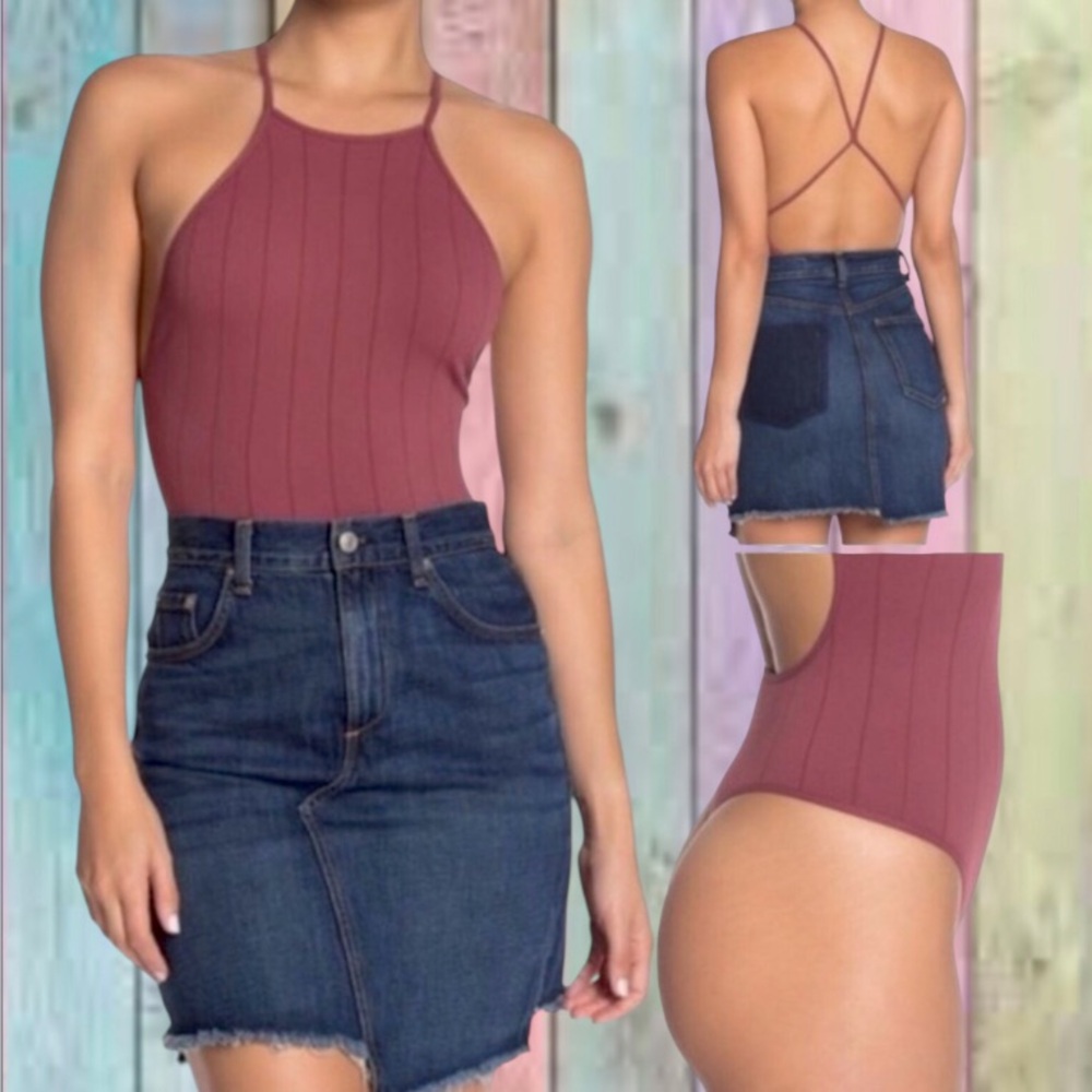 Free People Wine Thong Cut Strap Back Bodysuit Top NWT